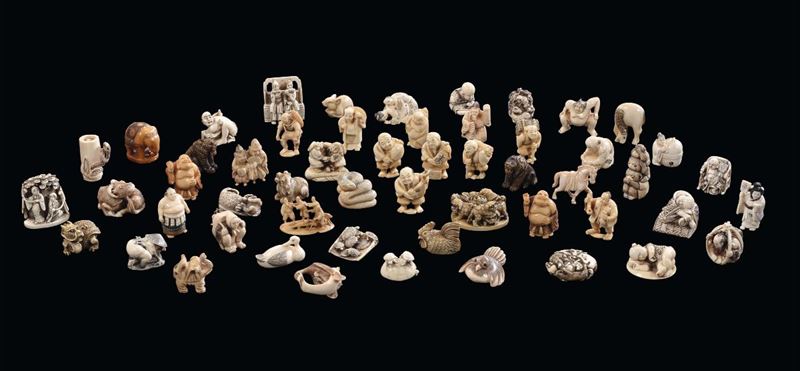 Collection of fifty-four ivory netzuke with various measures, styles and periods, Japan, 20th century  - Auction Fine Chinese Works of Art - Cambi Casa d'Aste
