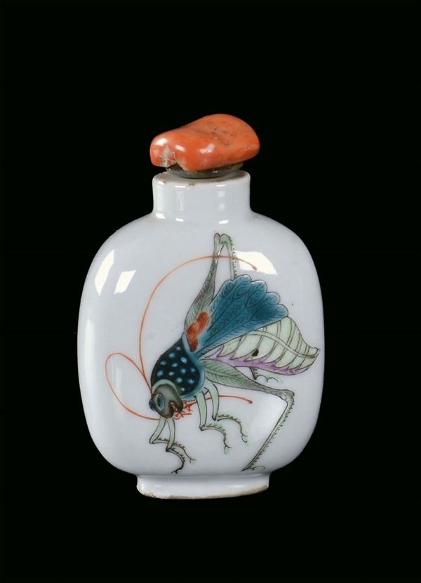 Snuff bottle in porcellana decorata con grillo, Dinastia Qing, XIXsecolo