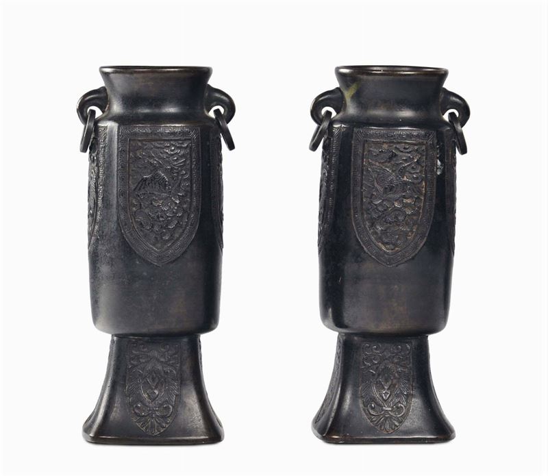 Two small bronze vases with archaic motives, China, Ming Dynasty, 17th century Handles in the shape of rings, square base decorated with phoenixes and vegetable elements within reserves, cm 18,5  - Auction Fine Chinese Works of Art - Cambi Casa d'Aste