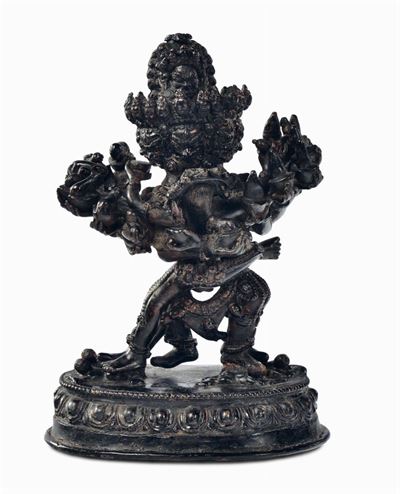 Yamantahaka in Bronzo a Patina Scura. Tibet , XVIII Secolo