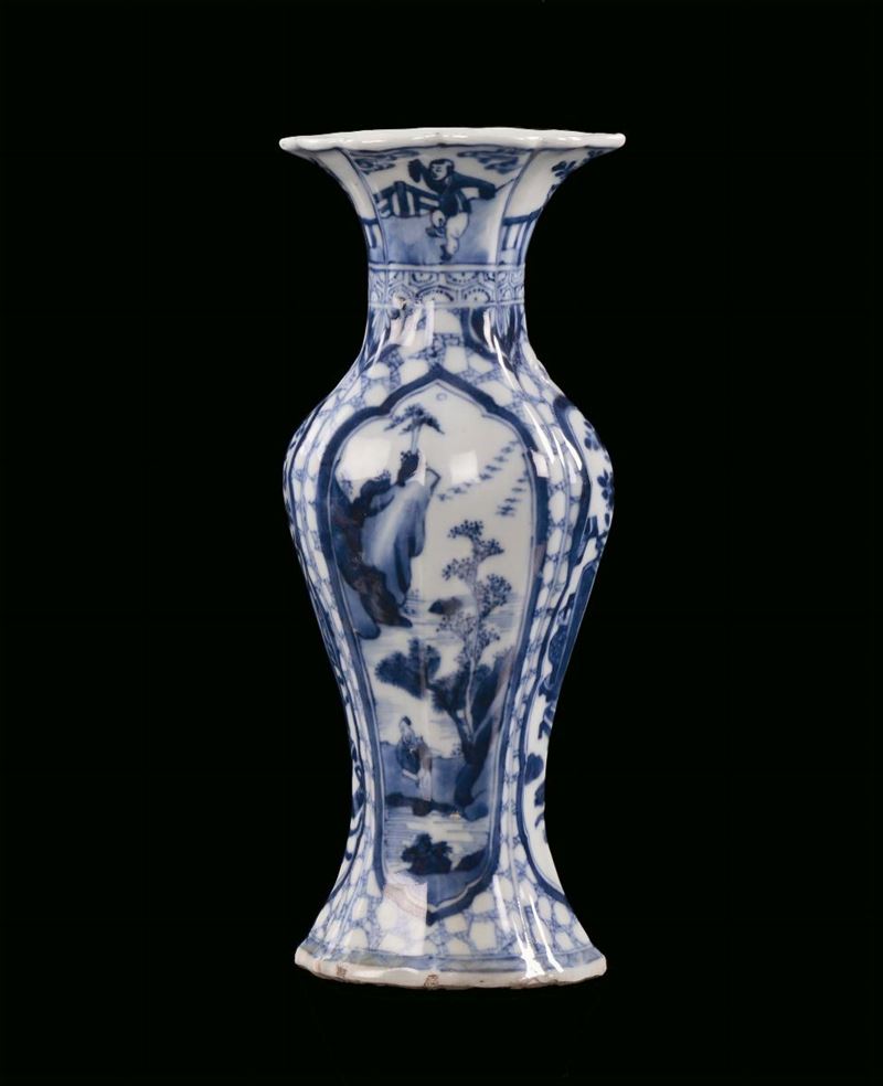 Small polylobed white and blue porcelain vase, China, Qing Dynasty, Kangxi period(1662-1722) monochrome blue decoration with landscapes and flower vases, h cm 29,5  - Auction Fine Chinese Works of Art - Cambi Casa d'Aste