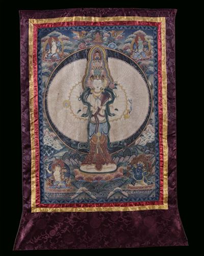 Thangka Raffigurante Avalokitesvara in Seta Dipinta, Cina, XIX Secolo