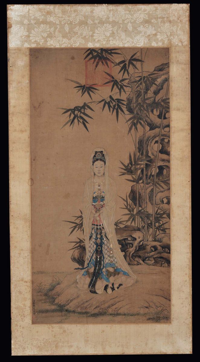 Guanyin portrait within landscape, China, 19th century Distemper on paper, cm 99x50  - Auction Fine Chinese Works of Art - Cambi Casa d'Aste