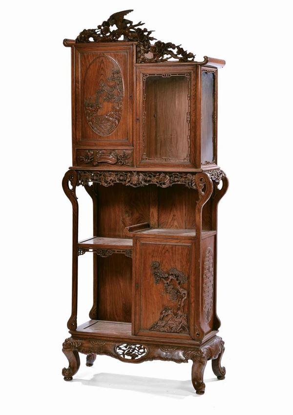 Fruitwood carved sideboard, China, Qing Dynasty, 19th century Fretworked with landscapes and ideograms, cm 93x44x200