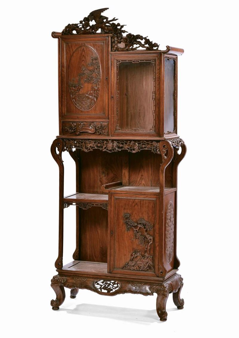 Fruitwood carved sideboard, China, Qing Dynasty, 19th century Fretworked with landscapes and ideograms, cm 93x44x200  - Auction Fine Chinese Works of Art - Cambi Casa d'Aste