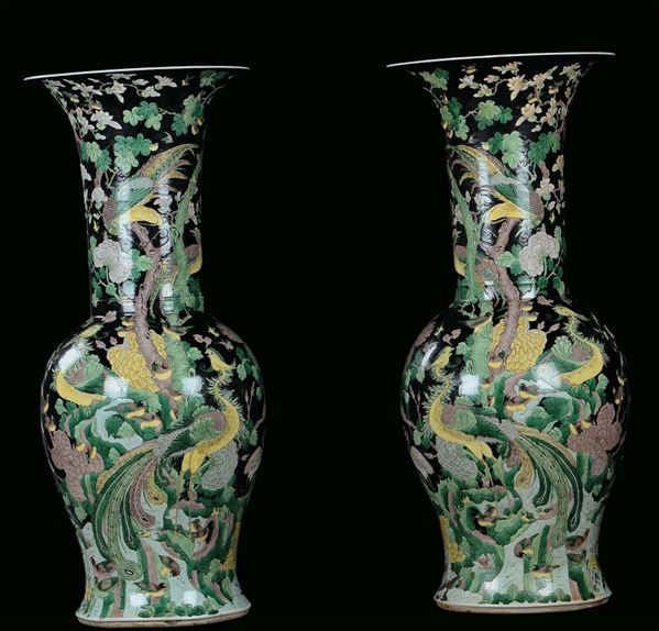 Pair of Famille Noire porcelain vases, China, Qing Dynasty, 19th century post marked Kangxi, h cm 93