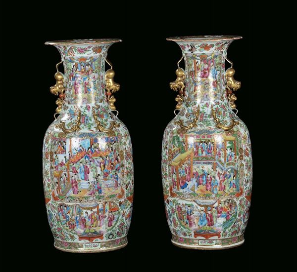 Pair of large Canton porcelain vases, China, Qing Dynasty, 19th century decorations with court life scenes within reserves, h cm 88