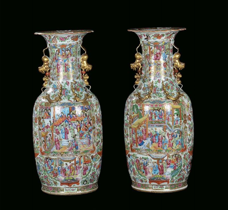 Pair of large Canton porcelain vases, China, Qing Dynasty, 19th century decorations with court life scenes within reserves, h cm 88  - Auction Fine Chinese Works of Art - Cambi Casa d'Aste