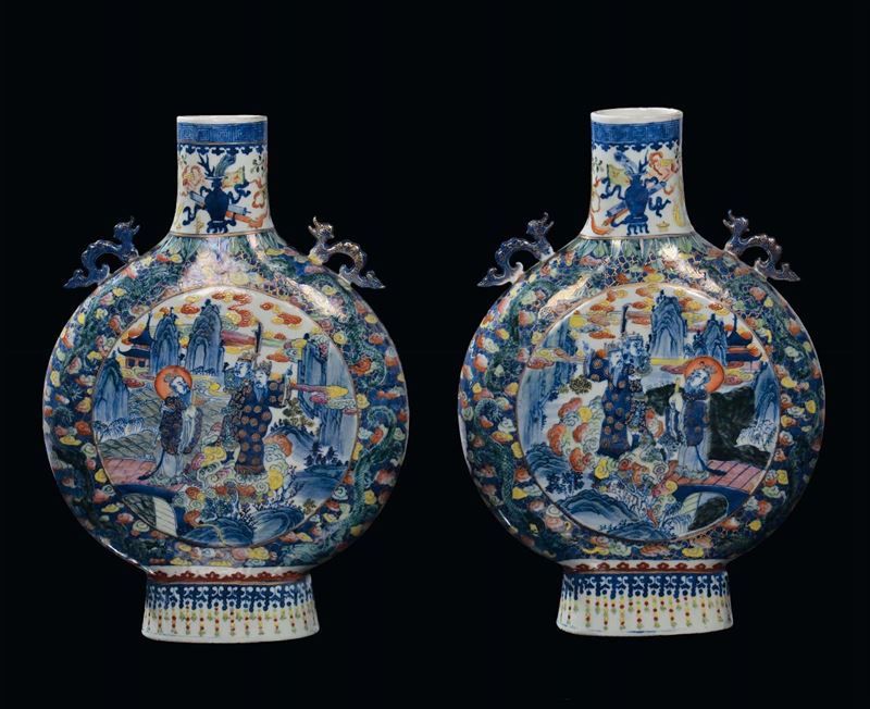 Pair of Ducai porcelain flasks, China, Qing Dynasty, 19th century decoration with windows and religious scenes, handles in the shape of marine animals, neck with stylized dragons, h cm 48,5  - Auction Fine Chinese Works of Art - Cambi Casa d'Aste