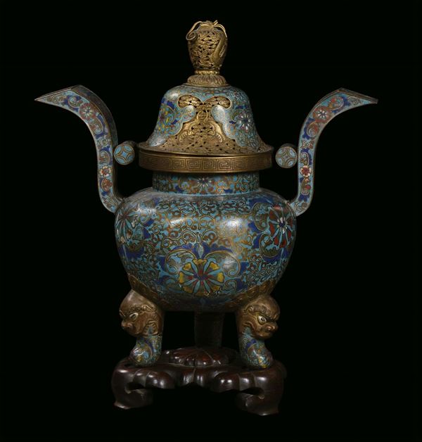 Vaso bruciaprofumi in bronzo e smalti cloisonnè, Cina, Dinastia Qing, XIX secolo