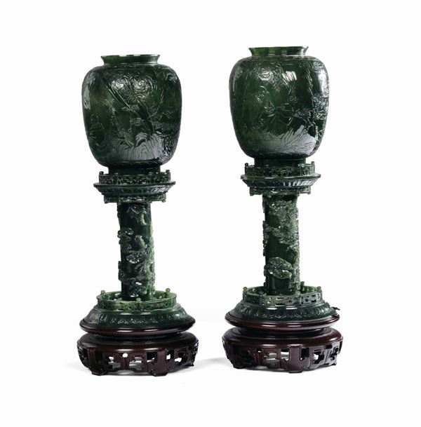 Pair of sculpted spinach jade lanterns, China, 19th century h cm 45
