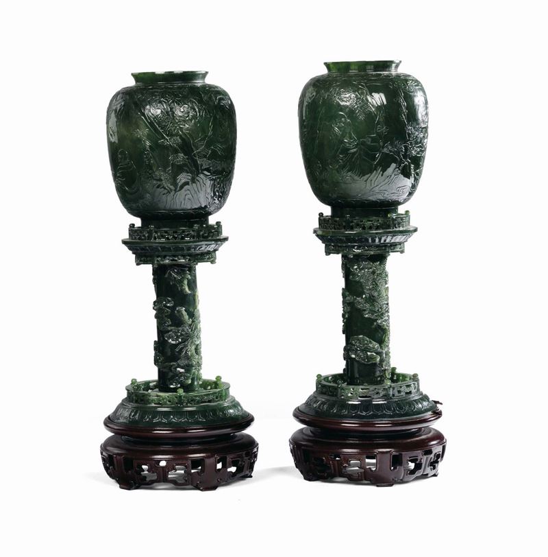 Pair of sculpted spinach jade lanterns, China, 19th century h cm 45  - Auction Fine Chinese Works of Art - Cambi Casa d'Aste