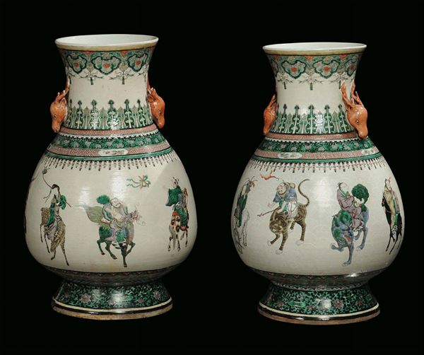 Pair of Famille Verte porcelain vases, China, Qing Dynasty, 19th century central part with immortals  [..]