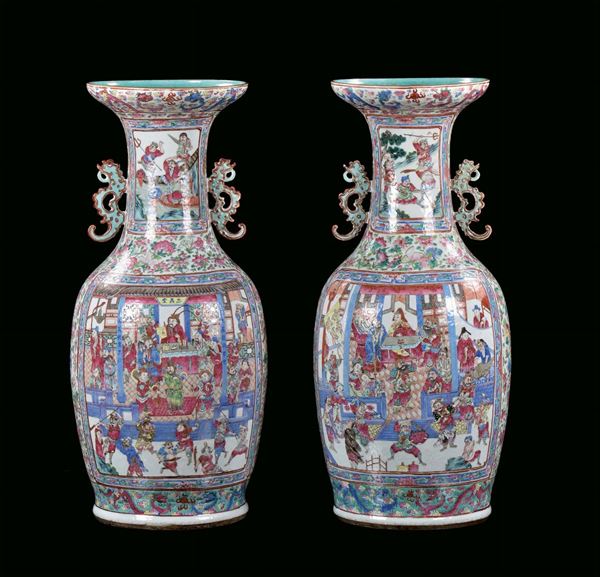 Pair of large Famille Rose vases, China, Qing Dynasty, 19th century decoration with court life scenes  [..]