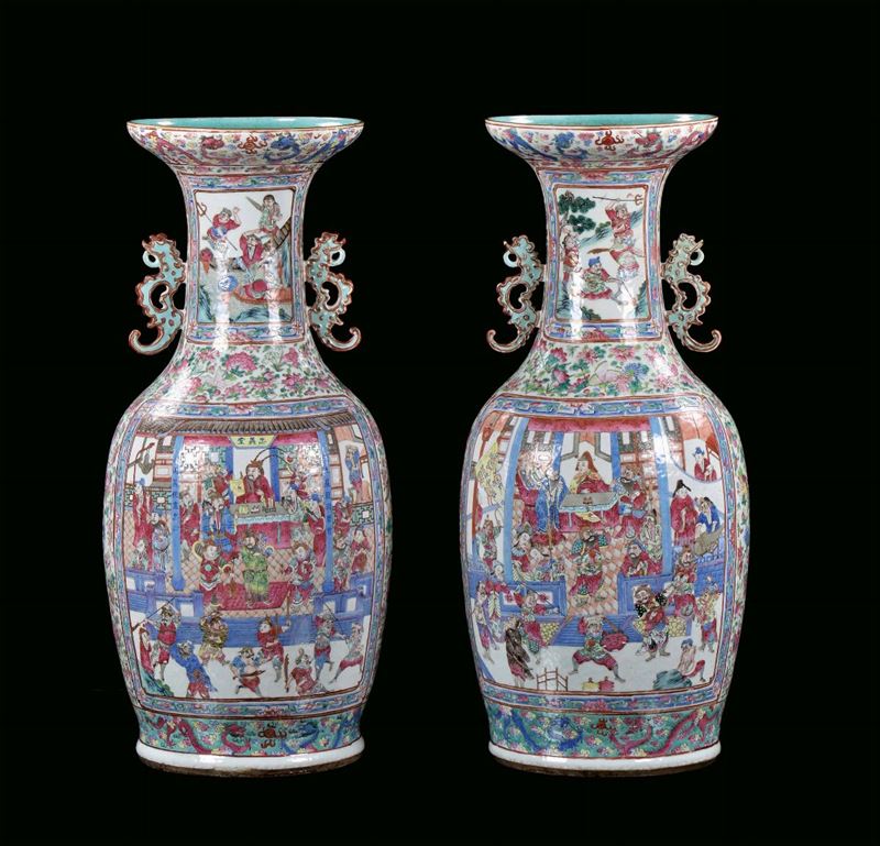 Pair of large Famille Rose vases, China, Qing Dynasty, 19th century decoration with court life scenes within reserves, h cm 87  - Auction Fine Chinese Works of Art - Cambi Casa d'Aste