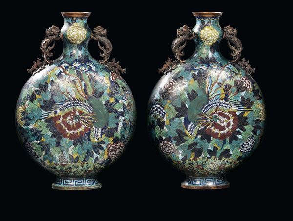 Pair of large cloisonné flask with phoenixes on vegetable background, China, Qing Dynasty, 19th century, h cm 66