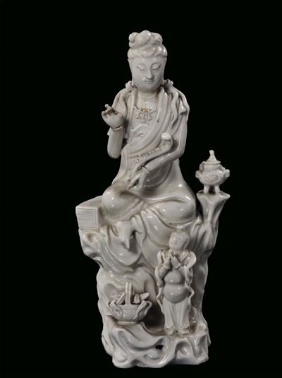 Guanyin in Porcellana Blanc De Chine con Fanciullo, Cina, Dinastia Qing, XIX Secolo