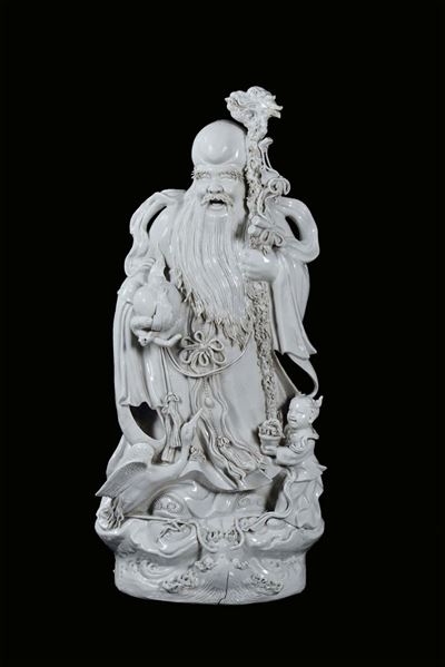 Grande Figura di Saggio in Porcellana Blanc De Chine, Cina, Dinastia Qing, Inizio XX Secolo