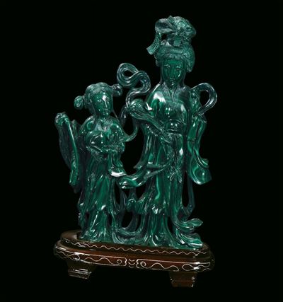 Scultura in Malachite con Figure Femminili, Cina, XX Secolo