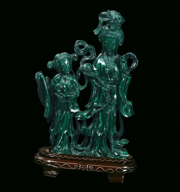 Malachite sculpture with female figures, China, 20th century h cm 28