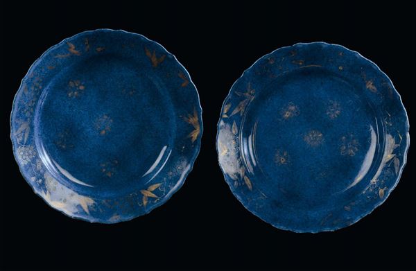 Pair of poudre blue and gold porcelain plates with reserves decorated in “Famille Verte”, Qing Dynasty, Kangxi period (1662-1772) diameter cm 21