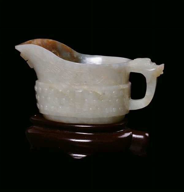White and russet jade jug, archaic shape, with handle in the shape of dragon, China, Qianlong Period (1736-1795) h cm 6,5 (box)