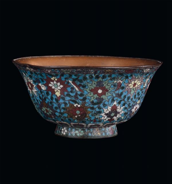 Small cloisonné enamel cup with vegetable decoration on light blue background, China, Ming Dynasty, 17th century, diameter cm 20,5, h cm 10