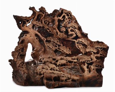 Grande Radice Intagliata con Mandria di Bufali e Vegetazione, Cina XX Secolo