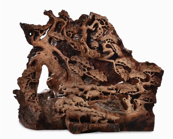 A large carved root with herd of buffalo and trees, China, 20th century