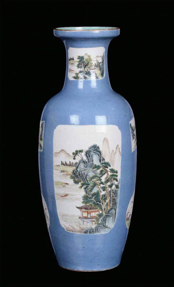 A porcelain vase decorated with light blue background, China, 19th centuryLandscape within reserves, four characters mark under the base, apocryphal Yongzheng mark