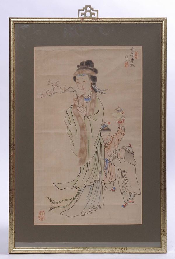 Tre dipinti su seta con figure femminili e bambini, Cina