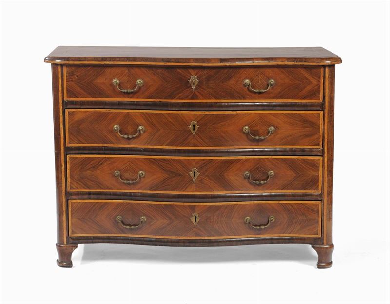 Comò a quattro cassetti lastronato in radica e filettato, XVIII  - Auction Antique and Old Masters - II - Cambi Casa d'Aste