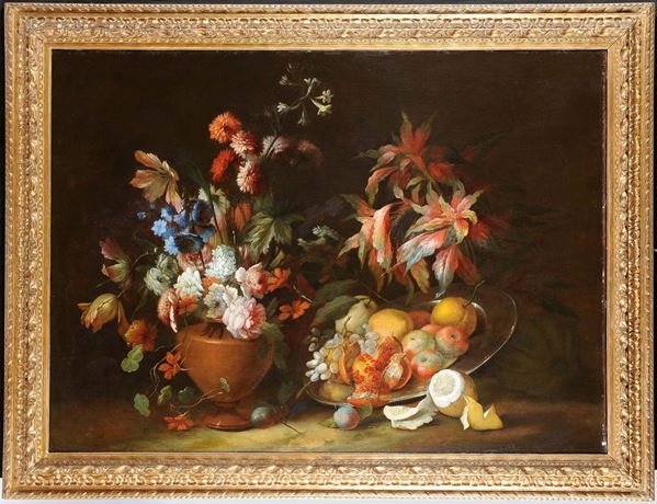 Scuola Fiamminga della fine del XVIII secolo Natura morta con vaso di fiori e frutta in vassoio