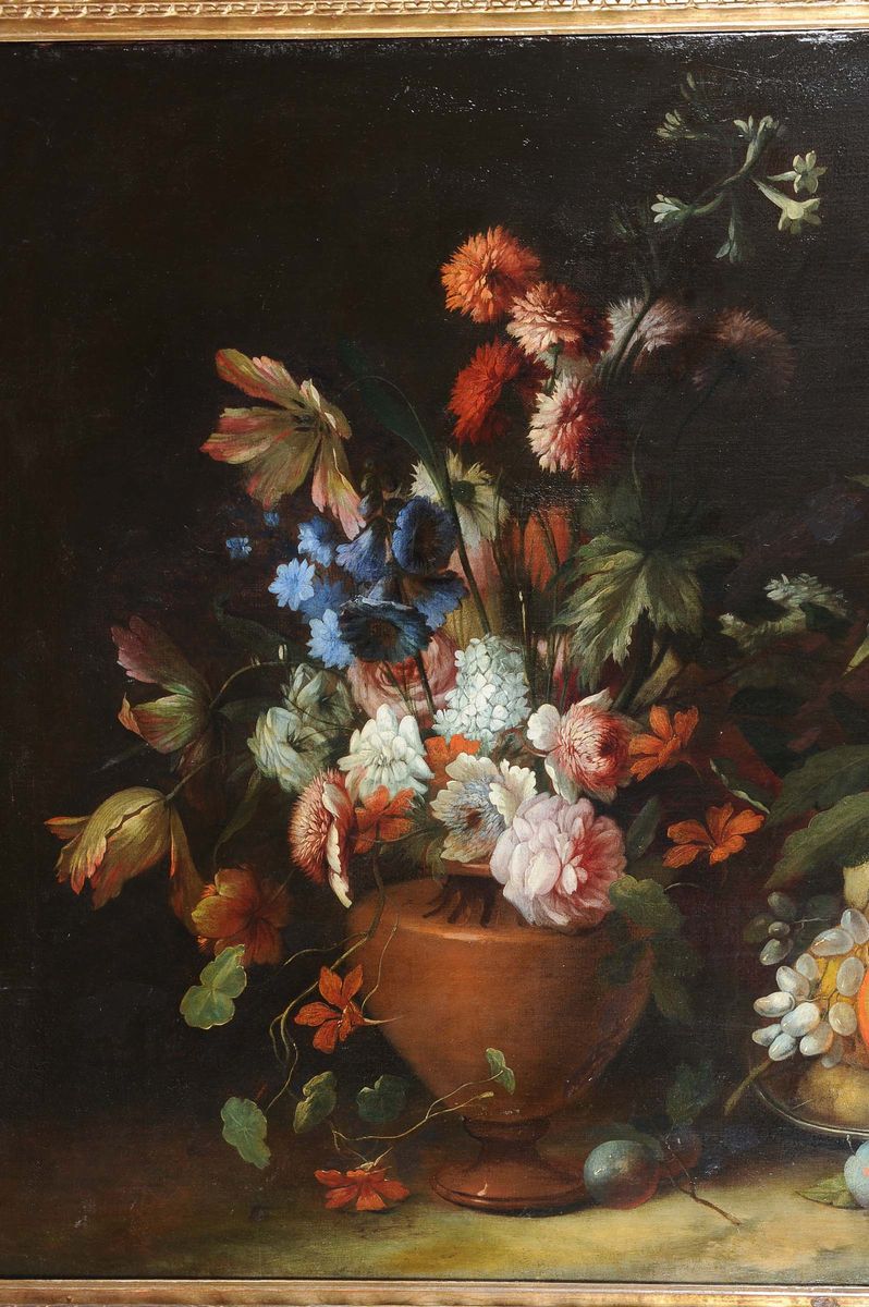 Scuola Fiamminga della Fine del XVIII Secolonatura Morta con Vaso di Fiori e Frutta in Vassoio