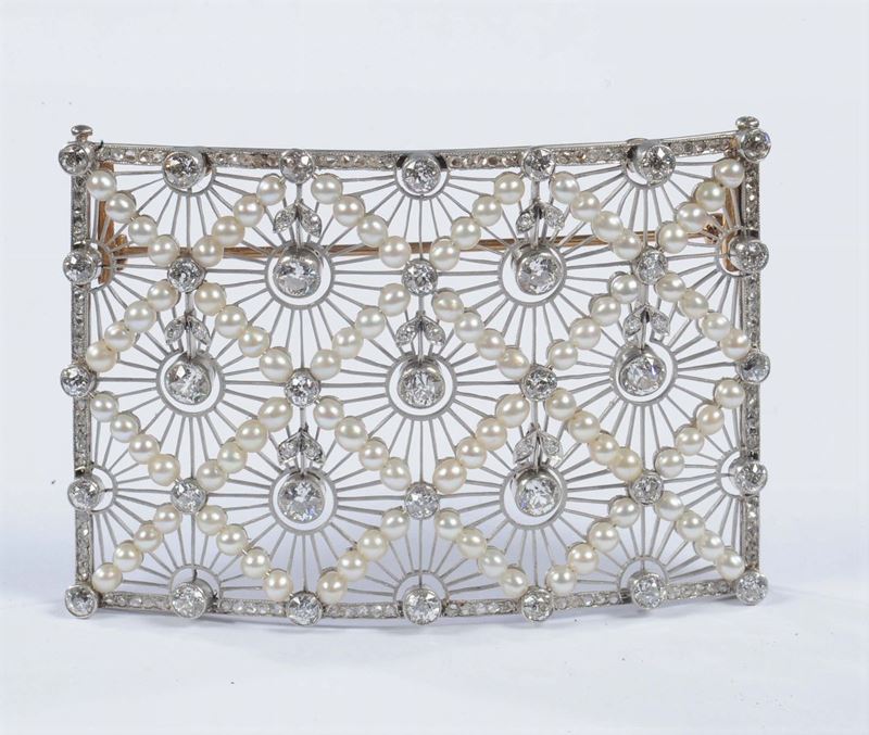A rectangular open work decorated with pearl, old brilliant single and rose-cut diamonds  - Auction Silver, Ancient and Contemporary Jewels - Cambi Casa d'Aste