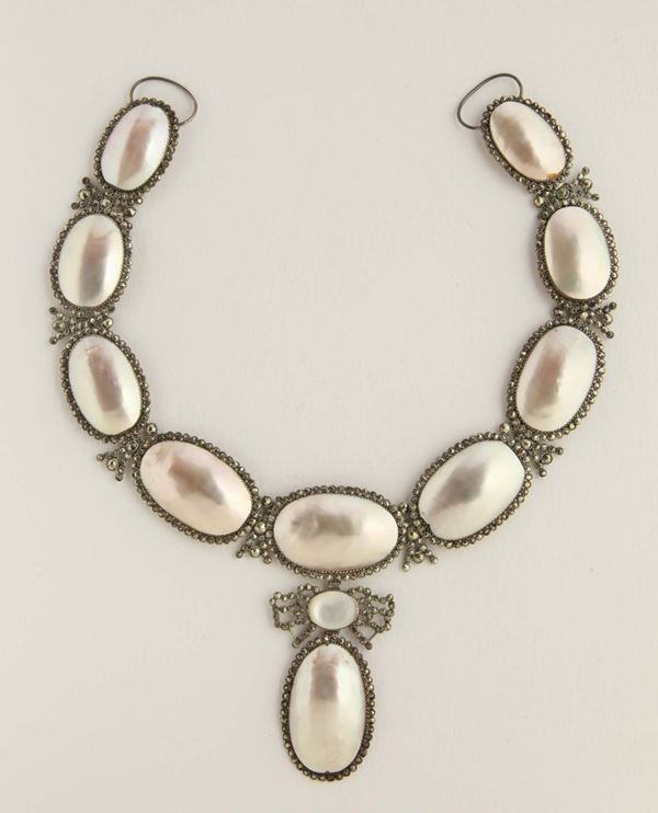 Victorian necklace, cut steel, mother of pearl. Box