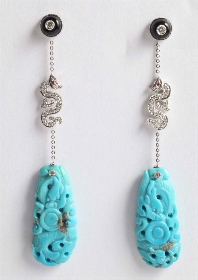 Pair of turquoise and diamond earrings  - Auction Silver, Ancient and Contemporary Jewels - Cambi Casa d'Aste