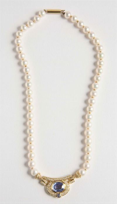 Collana con Perle, Zaffiro e Diamanti