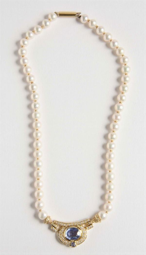 A sapphire, diamond and cultured pearl necklace