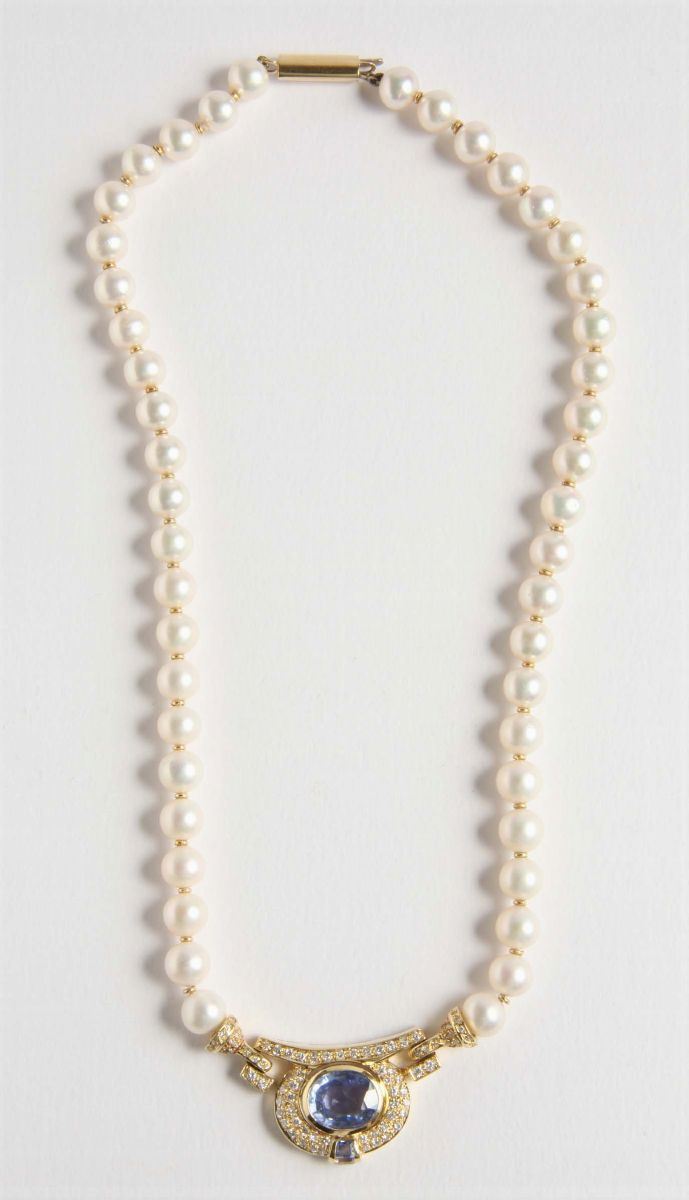 Collana con perle, zaffiro e diamanti  - Asta Argenti e Gioielli Antichi e Contemporanei - Cambi Casa d'Aste