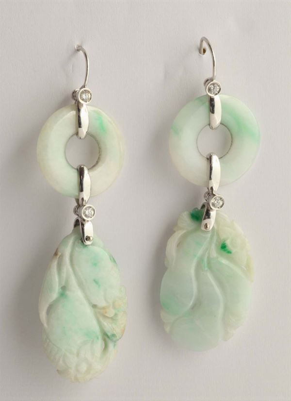 A pair of jade and diamond pendent earrings