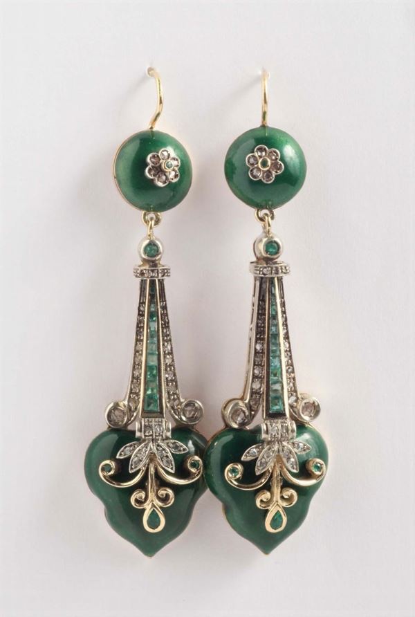 A pair of green enamel, emerald and diamond pendent earrings