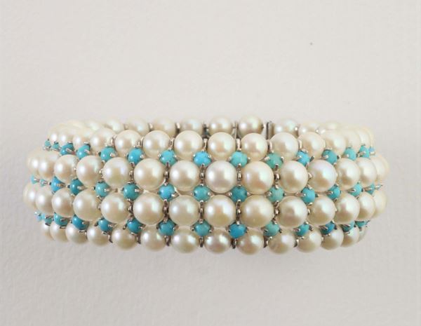 A cultured pearl and turquoise bracelet