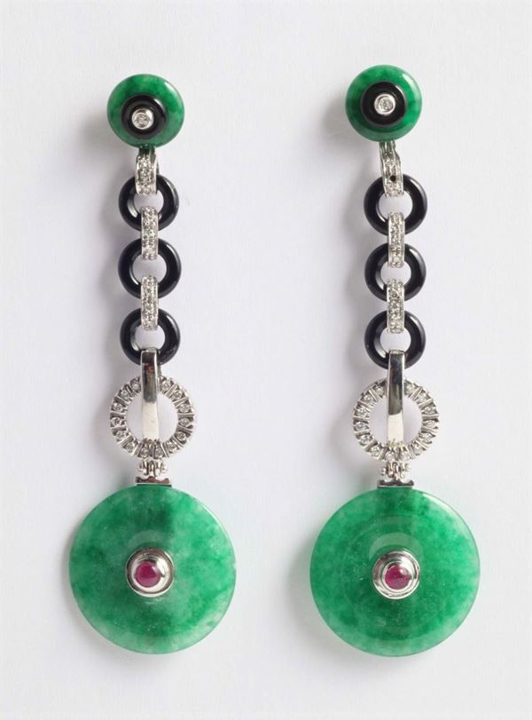 A pair of jadeite jade, onix and diamond pendent earrings