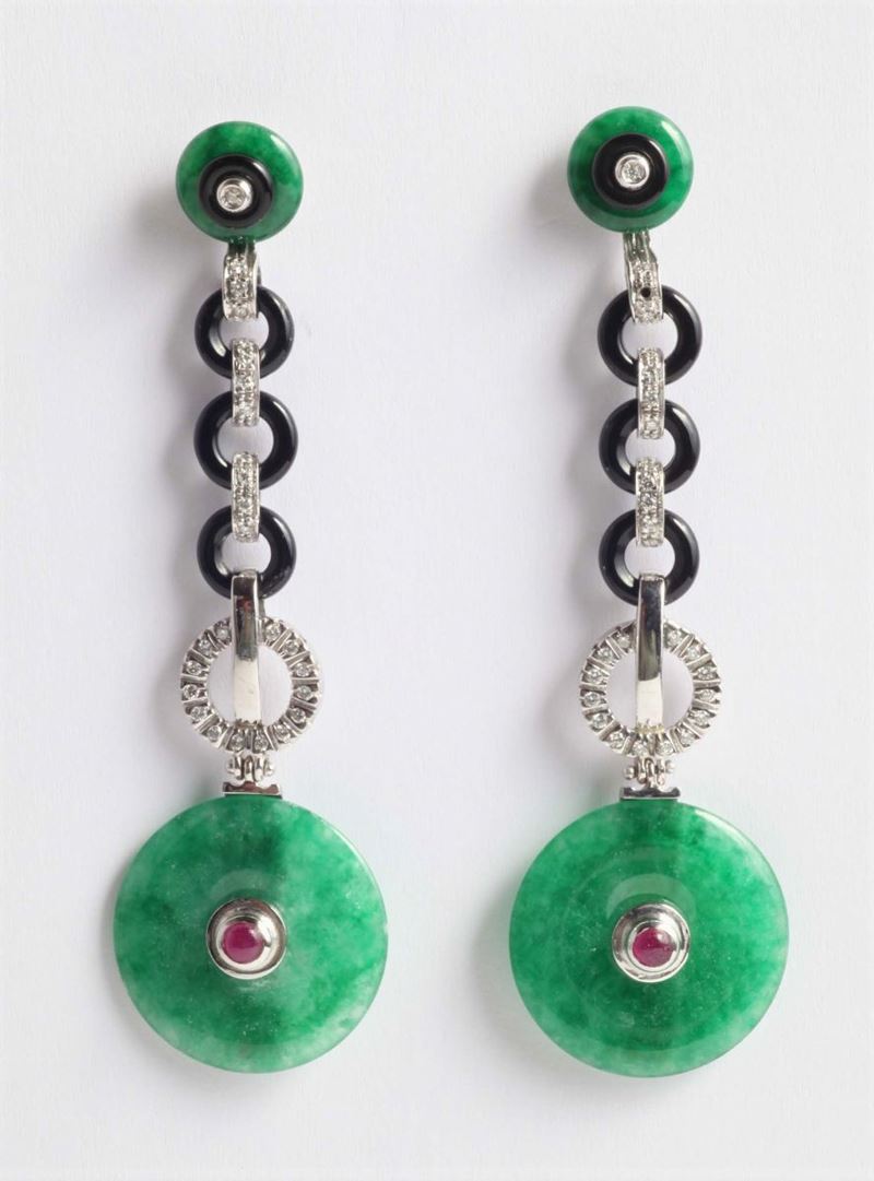 A pair of jadeite jade, onix and diamond pendent earrings  - Auction Silver, Ancient and Contemporary Jewels - Cambi Casa d'Aste