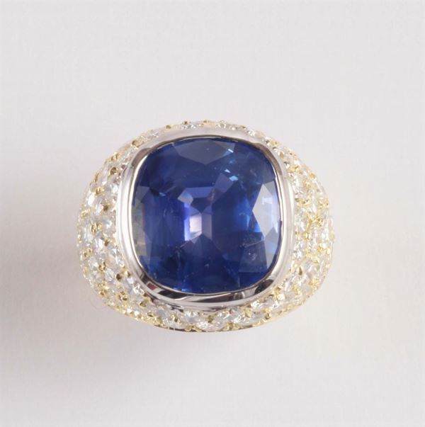 A shapphire and diamond ring. Accompanied by a report from Gübelin stating that the shappire is natural,  [..]