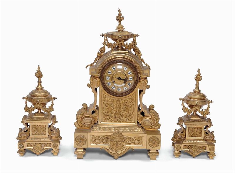Trittico da camino in bronzo dorato, Legay Fils Clermont Ferrand, metà XIX secolo  - Auction Antique and Old Masters - II - Cambi Casa d'Aste