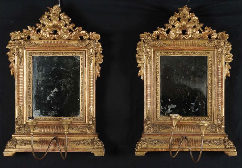Coppia di appliques in legno intagliato e dorato, XIX secolo  - Asta Antiquariato e Dipinti Antichi - II - Cambi Casa d'Aste