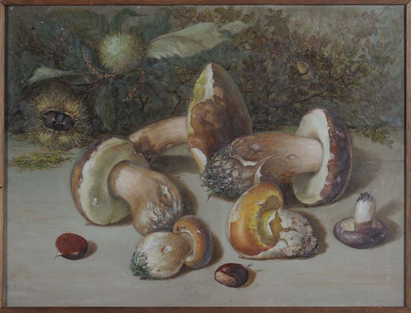 Anonimo del XX secolo Natura morta con funghi e castagne  - Auction An important Genoese Heritage - I - Cambi Casa d'Aste