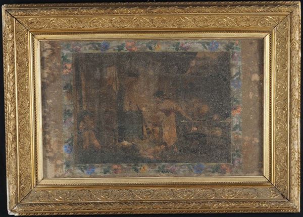 Interno con figure entro cornice dorata a pastiglia,nel lotto altre due cornici